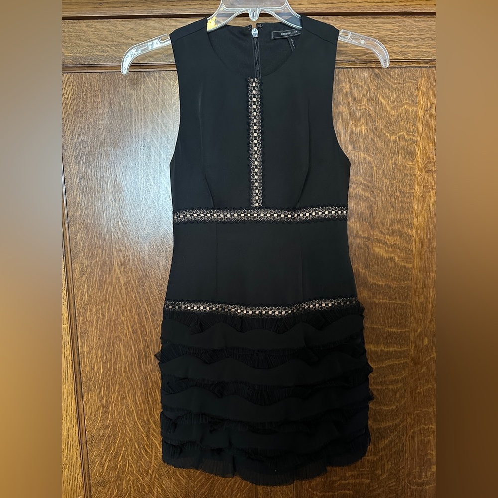 BCGBMaxAzria Maile Black & Beige Frilled Cocktail Dress, Size 2, NWOT - Picture 2 of 11